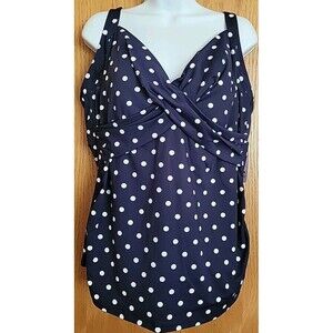 Swim Top Navy 18 Lands' End Wrap Front Tankini Polka Dot XL Padded Bra S87